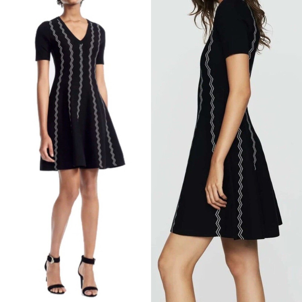 Maje Rigole Zig Zag Jacquard Knit Dress Small Fit & Flare Sweater Dress V Neck